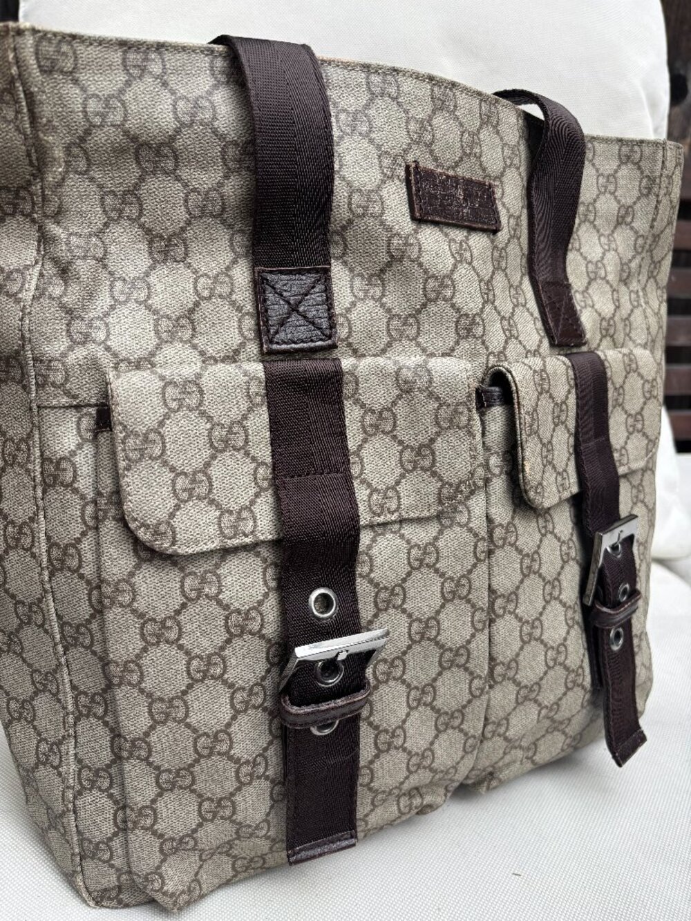 Gucci GG Supreme Canvas Double Pocket Buckle Tote Bag